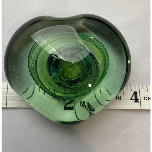 Green Heart Shaped Glass Paperweight Hand Blown With Shamrock Stamp - Picture 3 of 10